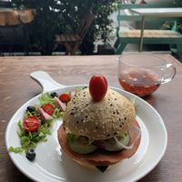 Bacon “bagel” but with a hamburger bun because they were out of the pink bagels at Vegamo Centro in Mexico City