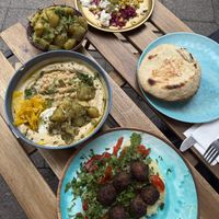 Salad (veg), zatar potatoes, hummus & vegan kebab   at Kanaan in Berlin
