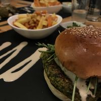 Vegan Hummus Burger with bicolour fries and a lot of hummuuus ! at Kanaan in Berlin