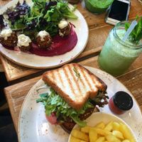Yogi plate and GF vegan burger  at Speedo's Cafe in Bondi Beach