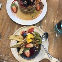 Pancakes & pitaya bowl  at Speedo's Cafe in Bondi Beach