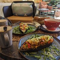 Aubergine bayıldı, tomato soup and fresh mint and lemon tea at Dit e Nat in Pristina