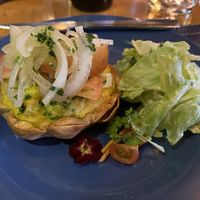 The corn filled pastry tart. The softly cooked onions were delicious   at La Marmita in Punta Arenas
