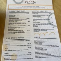 Menu at Pearth Organic Kitchen in West Leederville