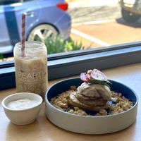 Apple strudel pancakes with cashew cheeze, iced caramel latte and coconut yoghurtt  at Pearth Organic Kitchen in West Leederville