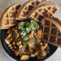 Chili w/ corn (masa) waffles  at Juicy Brew - Kaimuki in Honolulu