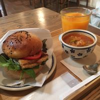 best burger ever! plus a lovely minestrone soup and orange juice  at Salunpowaku in Minoo