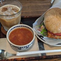 Tofu burger, minestrone soup and an iced soy latte. at Salunpowaku in Minoo