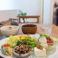 Lunch set with tofu, soba, spring roll, salad, and brown rice.  at Sangmi Abeno in Osaka