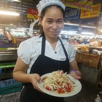 yupin serving my favorite dish, som tom! at Happy Mushroom - Food Stall in Chiang Mai