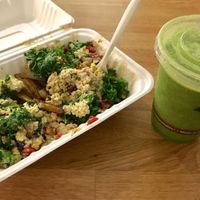 Tahini scramble and kale/mango juice at Rabbits Cafe in Portland