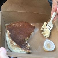 fluffy side order pancake and agave syrup  at Rabbits Cafe in Portland