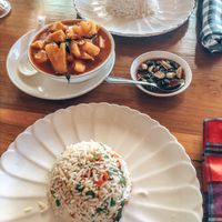 Fried rice with vegetables and pineapple tofu curry at Khaing Shwe Wha Vegetarian Restaurant in Bagan