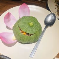 Brown lotus seed rice in lotus leaf at Hum Vegetarian - District 1 in Ho Chi Minh City