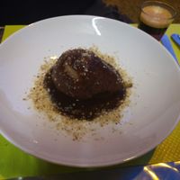 Poached Pear with Chocolate Sauce at Celoma in Thonac