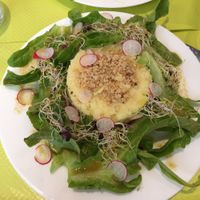 hachis parmentier (shepherd's pie): a lentil base topped with mashed potatoes  at 3 Bio in Paris