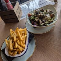 Vegan greek salad and rosemary fries at Showroom Cinema Cafe in Sheffield