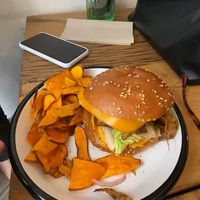 A burger with sweet potato chips  at Wild & The Moon - rue Charlot in Paris