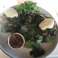 Corn fritters with cashew sauce at Love Kitchen in Pokolbin