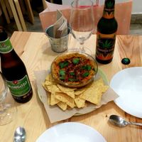 Corn nachos with carrots and green olives pate  at Almalibre Acai Bar in Valencia