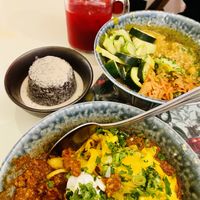 Tutti Fruity drink, coconut curry bowl, brownie and cream, chille con carne bowl - DELICIOUS!!!  at Le Botaniste - UES in New York City