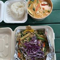 Red curry (top), drunken noodles (bottom)  at Ae's Thai Kitchen - Food Truck in Hana