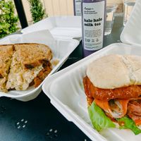 The Pastrami reuben sandwich and the Buffalo chicken bacon sandwich  at The Butcher's Son in Berkeley