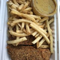 Chicken tenders and sweet mustard sauce (really liked these with some fresh squeezed lemon, reminded me of my favorite schnitzel!  Good fries too) #Veganuary at The Butcher's Son in Berkeley