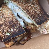 First draft pick “Hot Turkey Pesto” wit a sidekick of Bac Mac Salad at The Butcher's Son in Berkeley