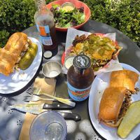 Chicken Parm, side salad, bbq pork nachos, jalapeno Business at The Butcher's Son in Berkeley