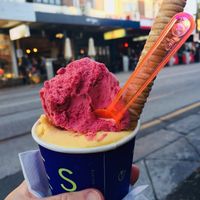 Mango & berry sorbet with wafer scroll. at 7Apples Gelato in St Kilda