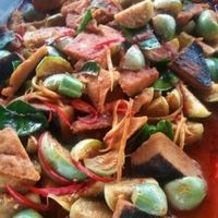 spicy fried veggie fish and eggplant at J Class Vegetarian Restaurant in Nakhon Pathom