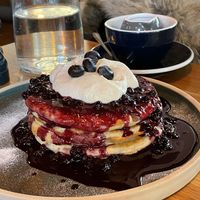 Hot cakes with chantilly creme and berries at Mildreds - Kings Cross in North London