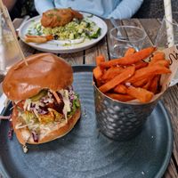 Chicken Burger with sweet potatoe fries at Mildreds - Kings Cross in North London