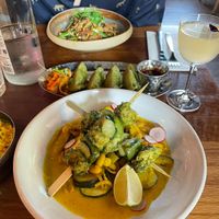 Shiitake Tempeh Dan Dan Noodles And Mojo Verde Chick n Skewers with Kim Chi Gyoza.  at Mildreds - Kings Cross in North London