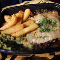 Wood roasted mushroom and ale pie with minted mushy peas and fries. I got this take-away and ate it on the red double-decker bus (I apologise, Londoners) because I was super busy that day. This was really yummy and as you can see, I couldn't help but eat some before I'd even taken the photo. at Mildreds - Kings Cross in North London