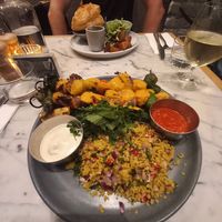 Mango 'chicken' skewers and the mushroom pot pie at Mildreds - Kings Cross in North London