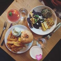 Burger + burrito bowl at Mildreds - Kings Cross in North London