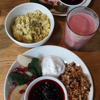 Granola, scrambled tofu, and banana strawberry smoothie at Mildreds - Kings Cross in North London