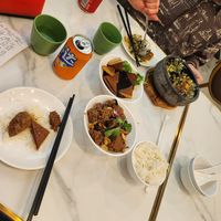The plain rice, tofu and wheat gluten  dishes shown were vegan but the Herby rice is my partner's and was not! at Old Shanghai Snack Dishes in Shanghai