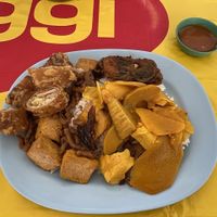 Rice with toppings and spring rolls and fake fish at Hongming Vegetarian Food in Krabi
