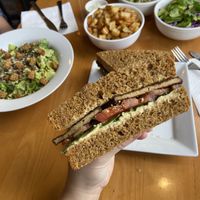 Tofu sandwich, vegan Caesar salad, home fries with a herb vegan mayo dip, and gf modified taco bowl and salad without croutons in the back  at Poyo & the Sprout in St Johns