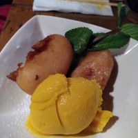 Banana fritters with mango sorbet at Pho in Cambridge