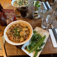 Hot & spicy tofu & mushroom pho; tofu & mushroom pho (both vegan & gf)  at Pho in Cambridge