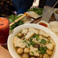 Vegan prawn crackers. Vegan tofu + mushroom pho. Juice. at Pho in Cambridge