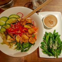Tofu and veggie rice bowl with green beans, sugar snap peas and peanut sauce at Pho in Cambridge