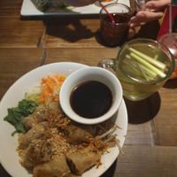 Vegetable spring rolls and rice noodles (vegan option) with ginger and lemongrass tea at Pho in Cambridge