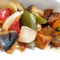Coriander potatoes and Mediterranean medley at Peace Bakery & Deli in Austin