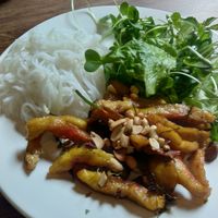 Termeric "fish" with dill, rice noodles and leaves at Am Vegetarian & Hideaway in Hoi An