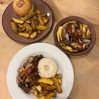 Lomo saltado, rafael y hamburguesa de garbanzos at Seitan Urban Bistro in Lima